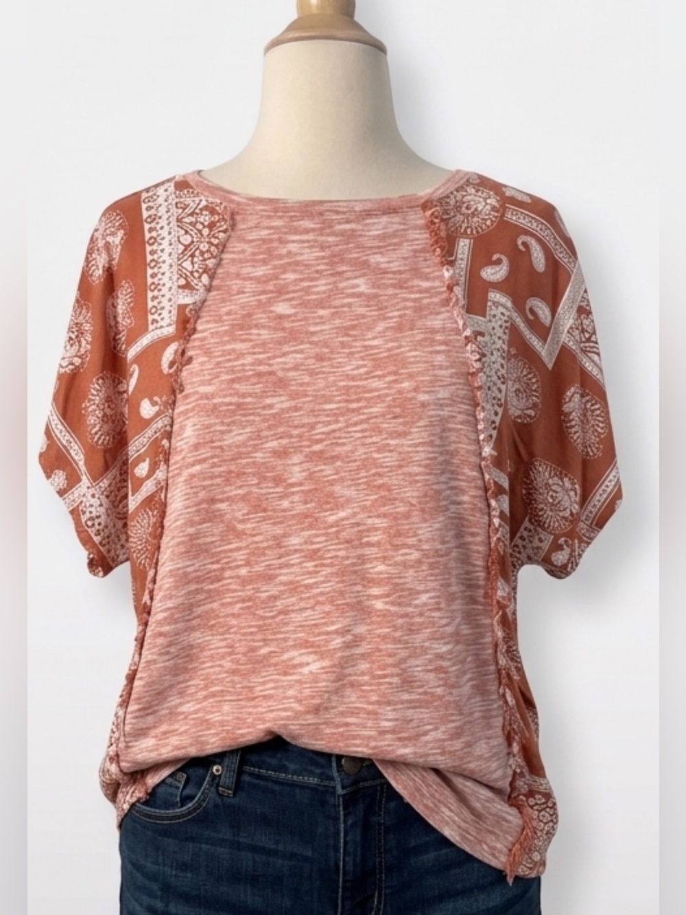 GIGIO Women's Medium Plaid Floral Mixed Media Raw Hem Top Cottagecore Boho